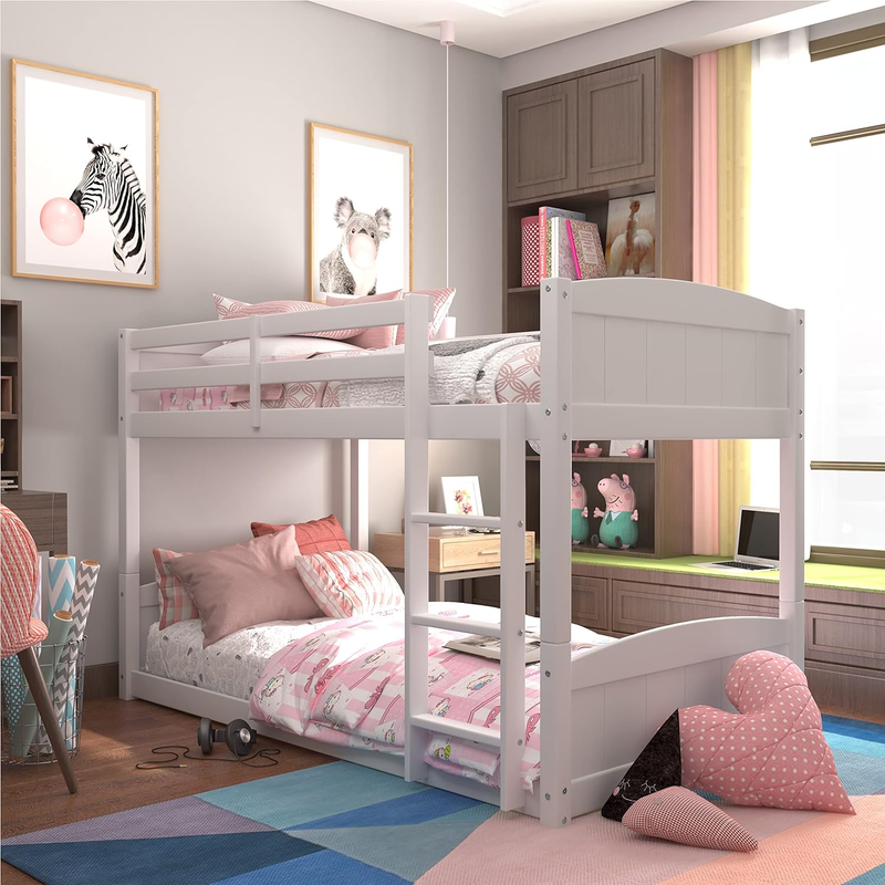 Alexis Contemporary Wood Arch Twin over Twin Floor Bunk Bed with Slats, White