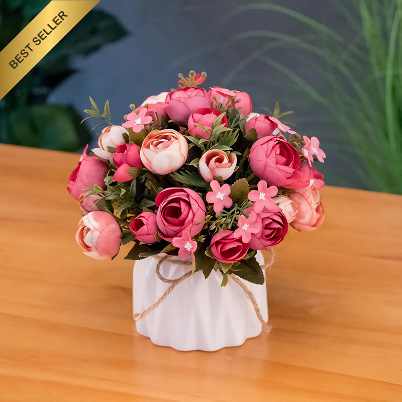 Small Fake Silk Flowers Ceramic Vase Arrangement Home Office Red Decor