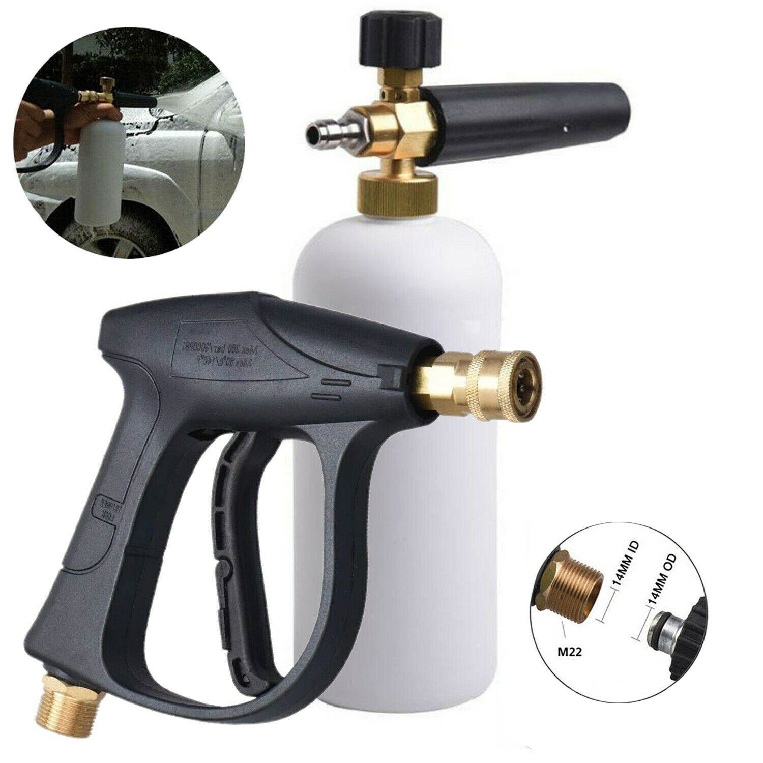 1/4" Snow Foam Washer Gun Car Wash Soap Lance Cannon Spray Pressure Jet Bottle