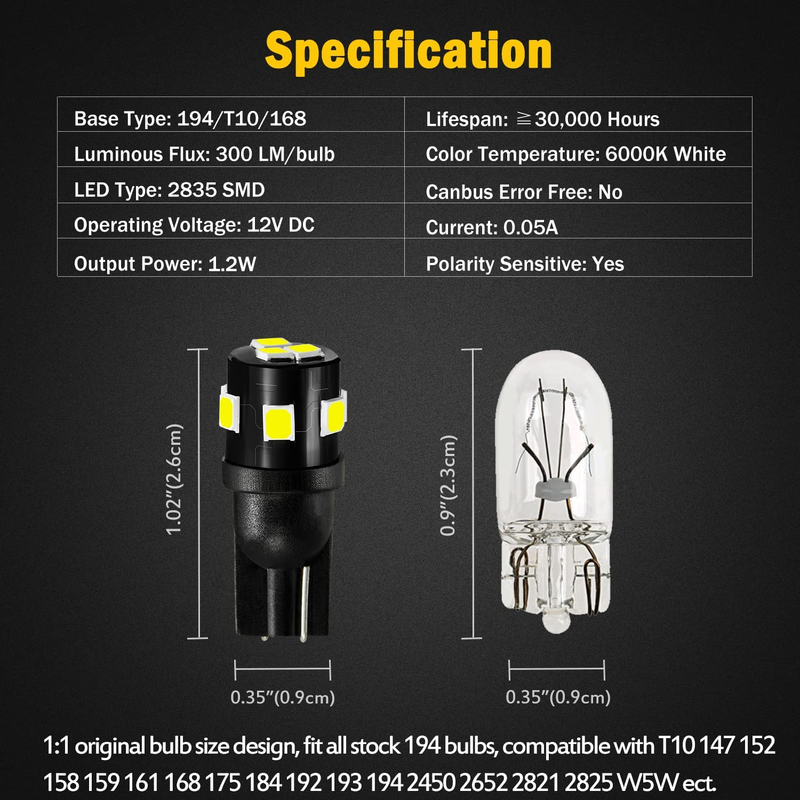 T10 921 194 168 912 LED Bulbs White 12-Pack, Super Bright 12 Volt LED Replacemen