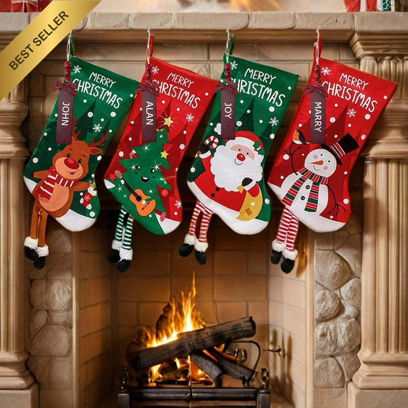 4 Pcs 58cm Christmas Stockings Name Tags Santa Snowman Reindeer Tree Decor