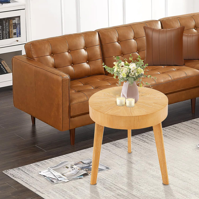 Round Wood Side End Table, Modern Farmhouse Nightstand with Natural Radial Design, Boho Bedside Table for Living Room Apartment, 18