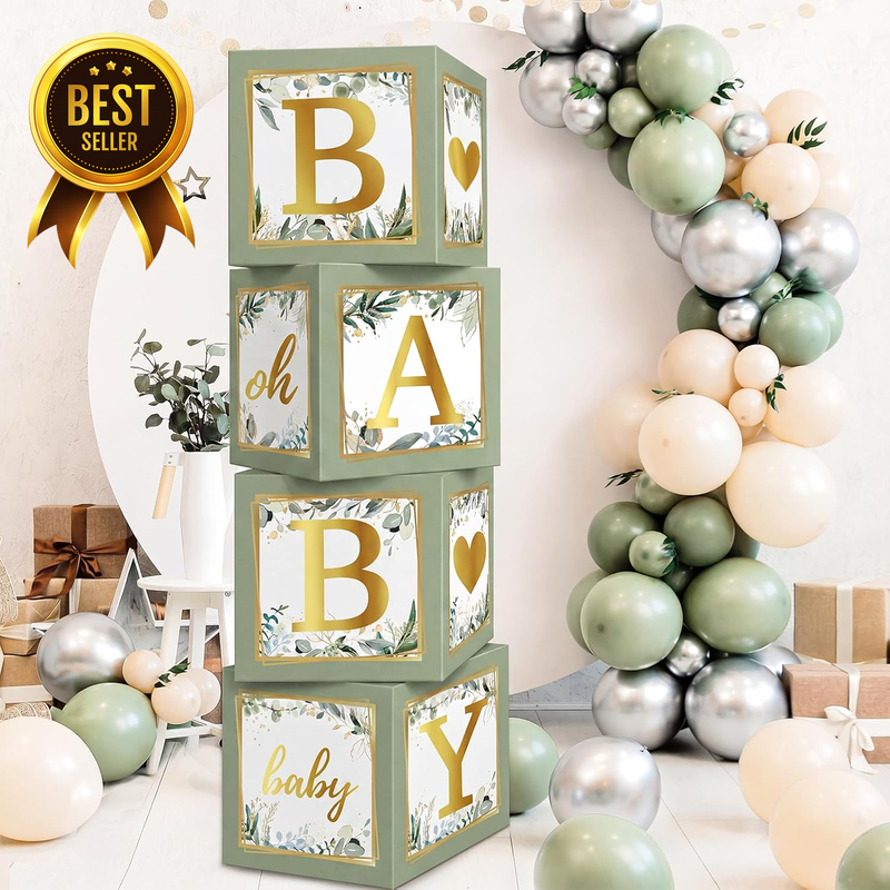 4-Piece Sage-Green Baby-Shower Balloon-Boxes with Letters