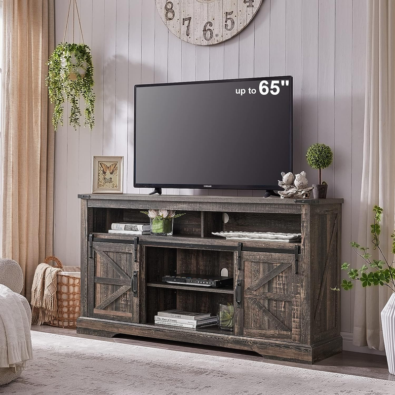 Farmhouse TV Stand for 65+ Inch TV, 33" Tall Highboy Entertainment Center W/Slid