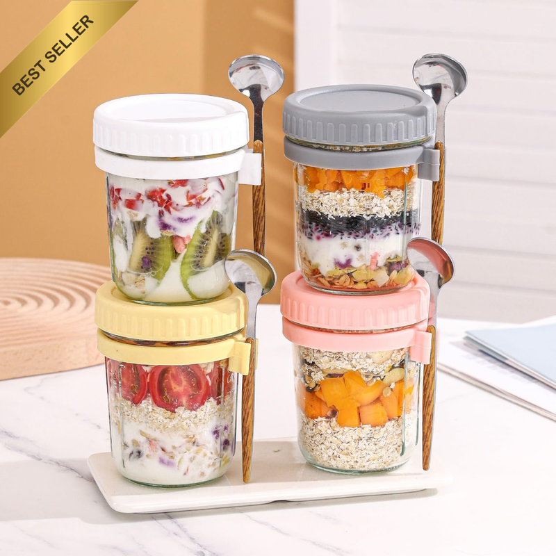 Overnight Oats Jars with Spoon & Lid - 350Ml Glass Oatmeal Containers with Measu