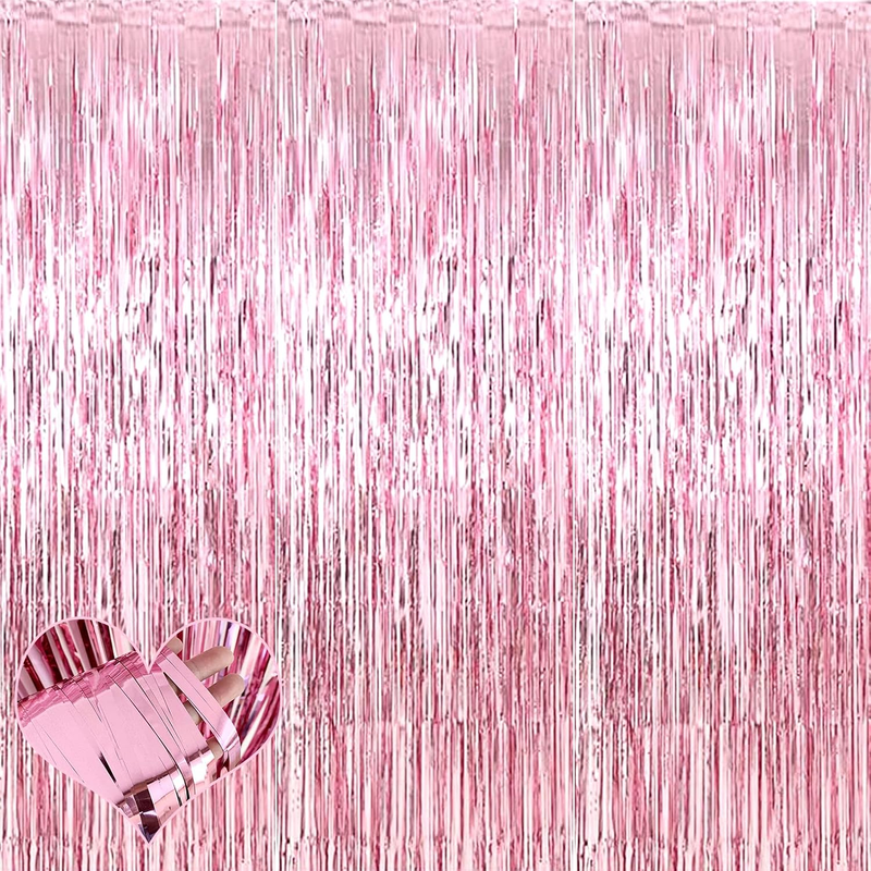 4 Pack 3.2Ft X 9.8Ft Pink Fringe Curtain Backdrop, Metallic Tinsel Foil Fringe S