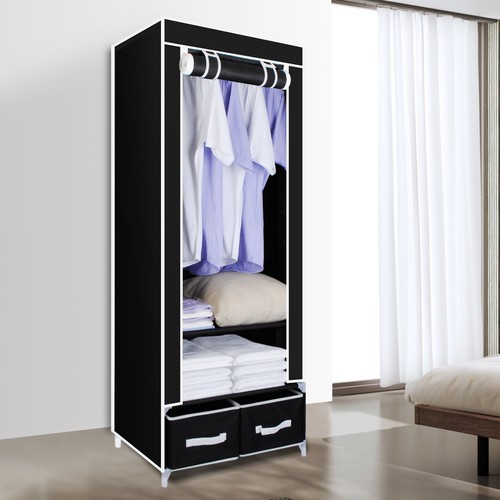 Black Canvas Wardrobe With Clothes Hanging Rail Shelves Storage