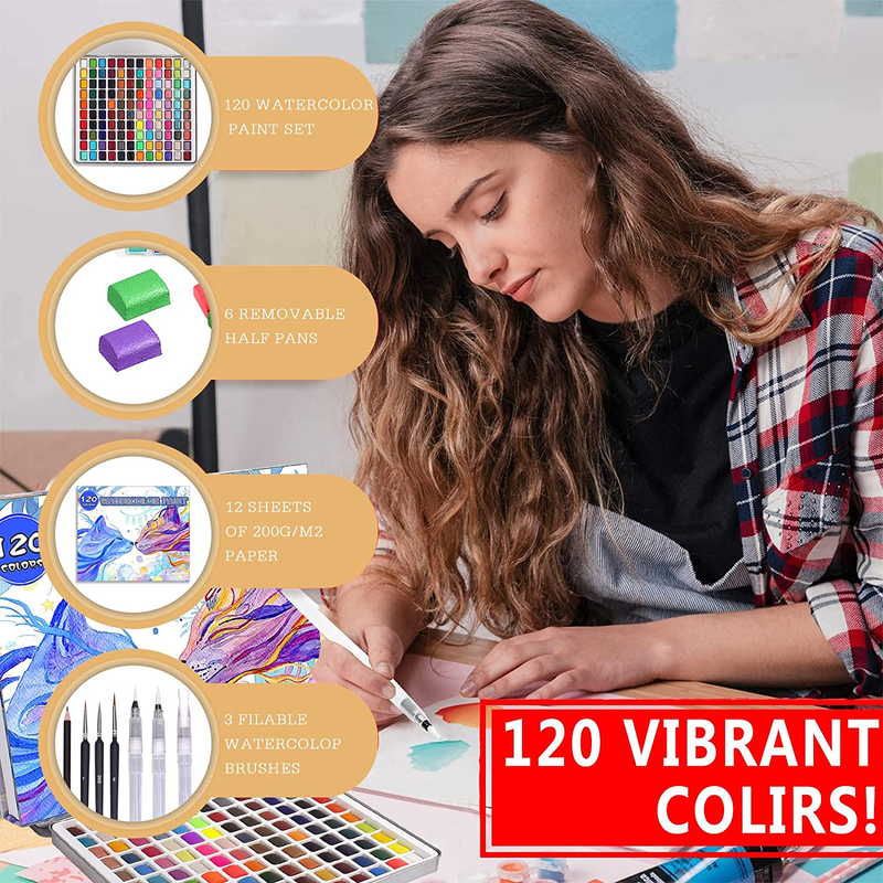 120 Premium Watercolor Paint Set in Portable Box with Gift Wrap,Watercolor Set w
