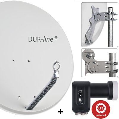 DUR-line 4 Teilnehmer Satanlage Select 85/90 Alu SatAntenne hellgrau + Quad LNB