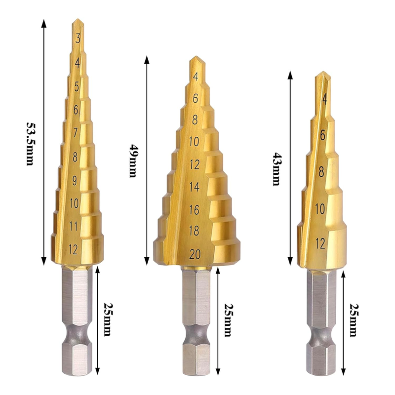 Step Drill Bit Set with 1/4-inch Hex Shank Titanium HSS Coated Step Drill Bit Se