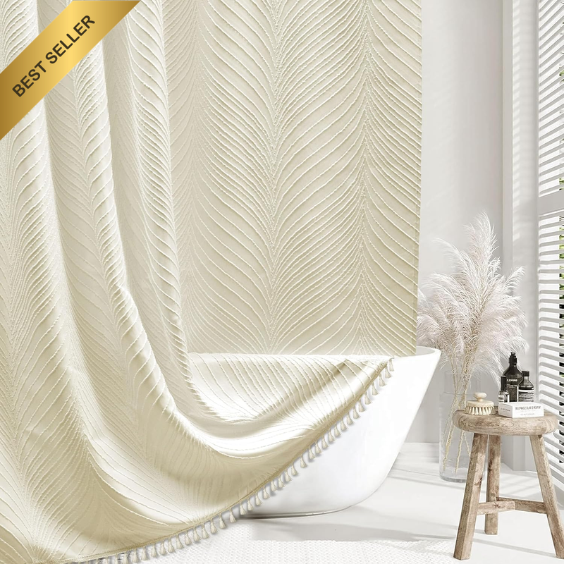 Beige Boho Woven Shower Curtain 72x72 Inch Textured Farmhouse Style