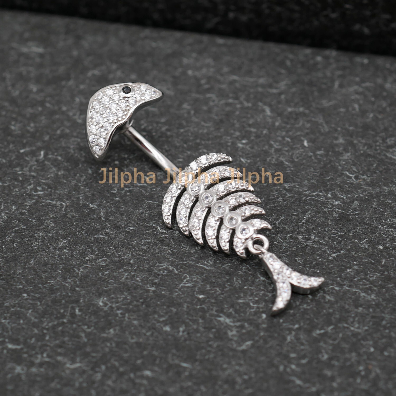 925 Sterling Silver Fish Bone Crystal Belly Button Navel