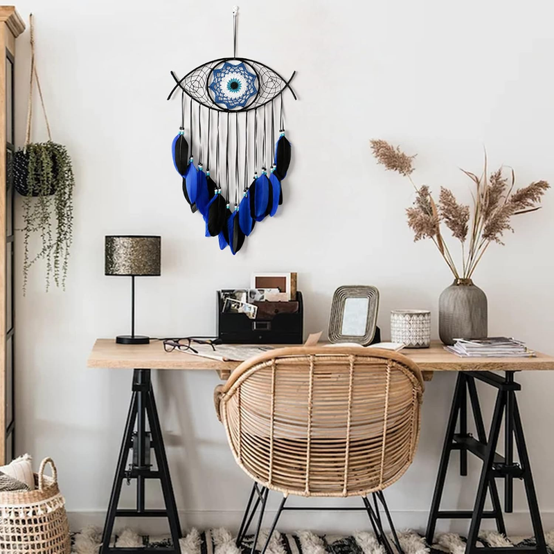 Evil Eye Dream Catcher-Blue Black Dream Catchers Handmade Feather Evil Eye Wall
