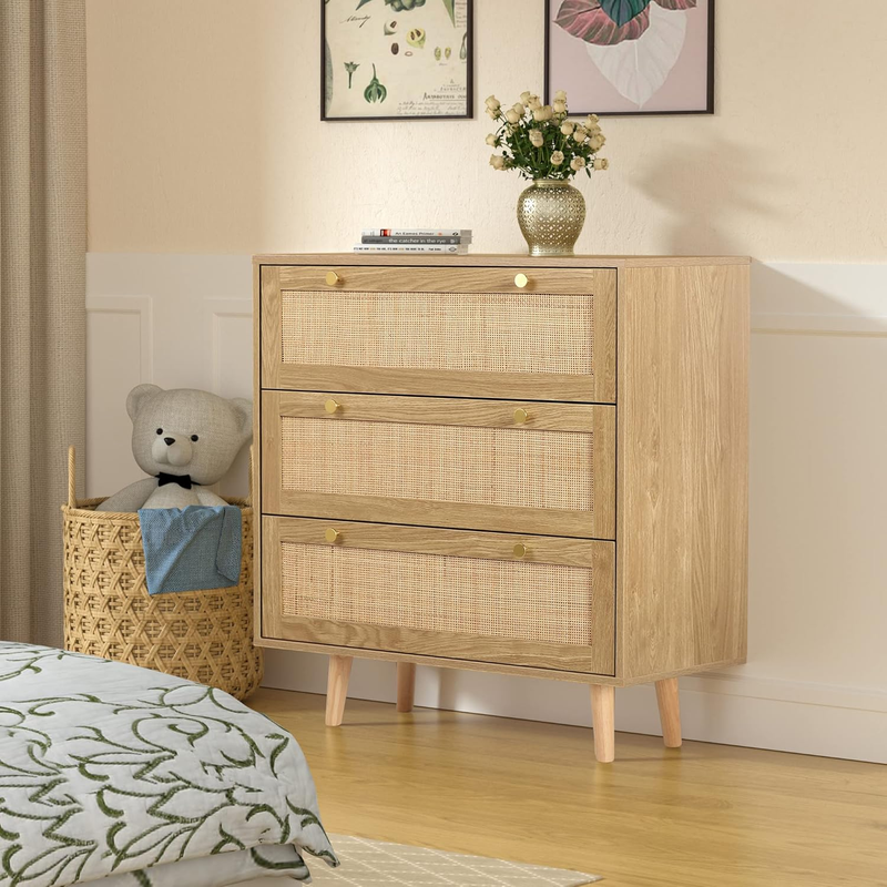 Rattan Dresser for Bedroom, Modern Wood 3 Drawer Dresser Chest of Drawer with Ra