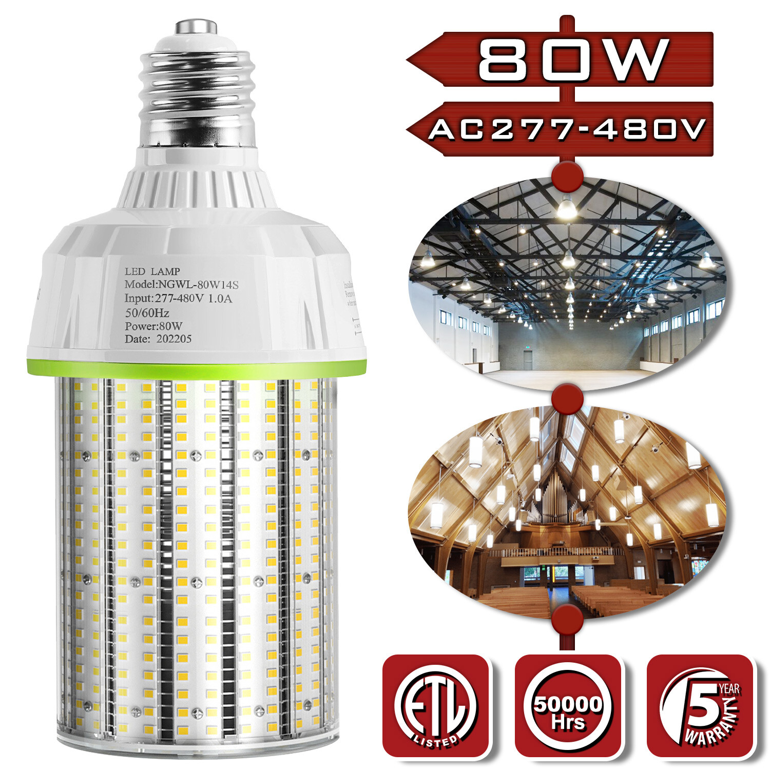 LED Corn Cob Light Bulb 80W 480V for Warehouse Factory Airport Hospital Office