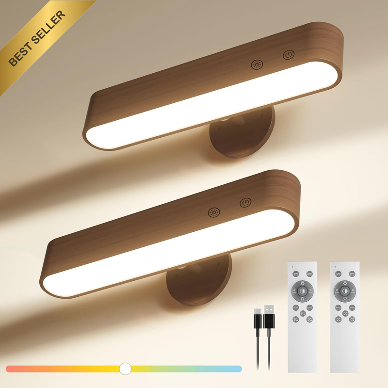 Walnut Wood Rechargeable Wall Light Indoor,2 Pack 7500Mah Battery Operated Wall