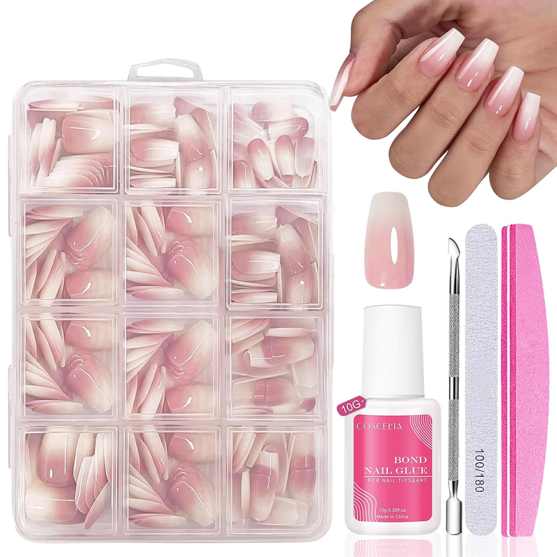 Nagel Tips Set 240 Stück für French & Nail Art, pinkes Gradient Design, kurz