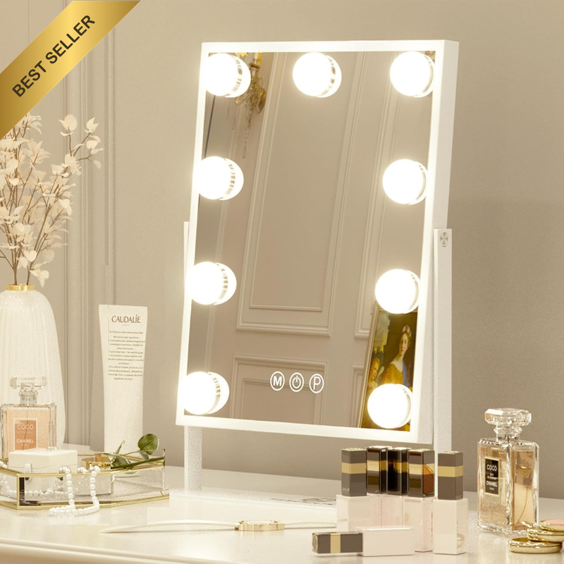 White Hollywood Lighted Makeup Mirror 9 LED Bulbs 3 Colors Dimmable Detachable 1