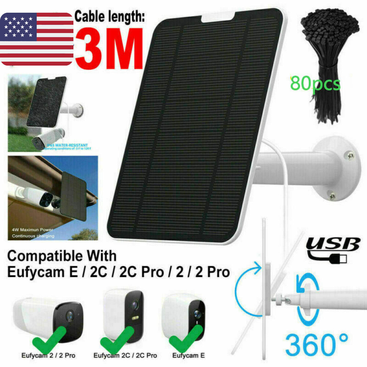 Solar Panel For Eufy Cam EufyCam Battery Camera Power Replacement