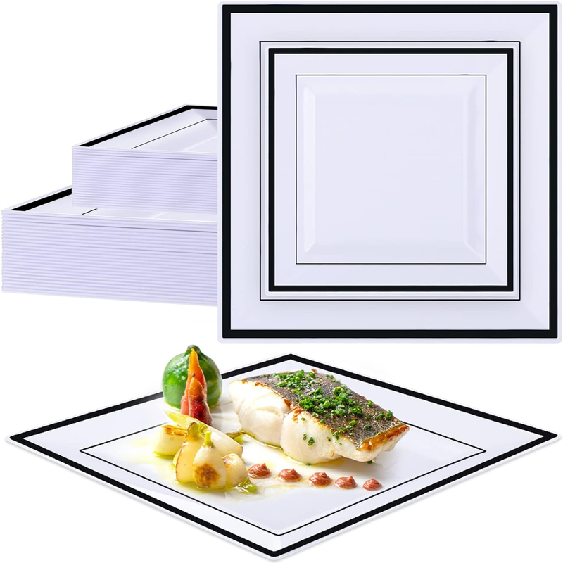 50 Pcs Square Plastic Plates White Disposable Dinnerware Set 25 Guests 9.5 and 6