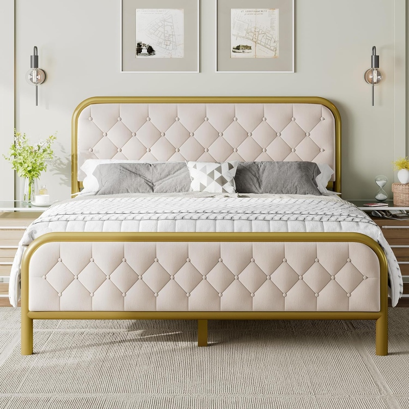 Full Bed Frame, Upholstered Platform Bed Frame with Diamond Velvet Tufted Headbo