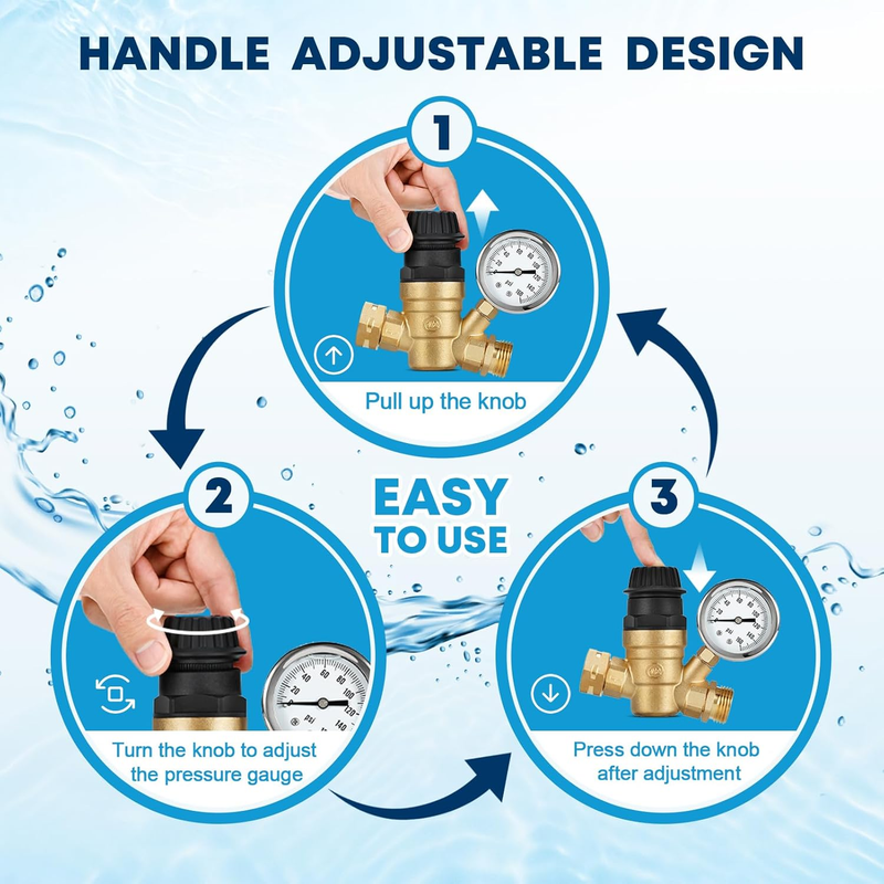 RV Water Pressure Regulator Valve, Adjustable Handle Brass Lead-Free RV Water Pr