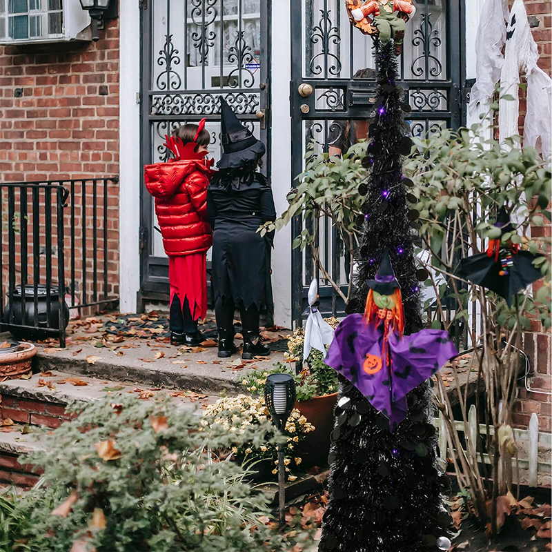 5 FT Black Halloween Tree 100 Purple Lights Tinsel Sequins Pop-Up Pencil Tree