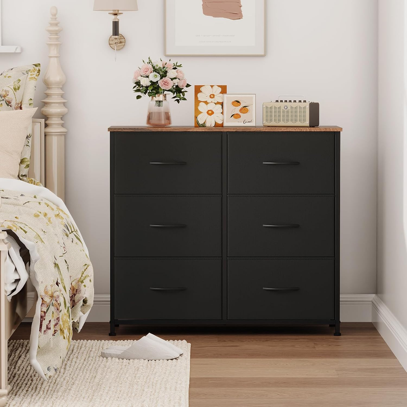 Dresser for Bedroom with 6 Drawers, 3-Tier Wide Storage Chest of Drawers with Re