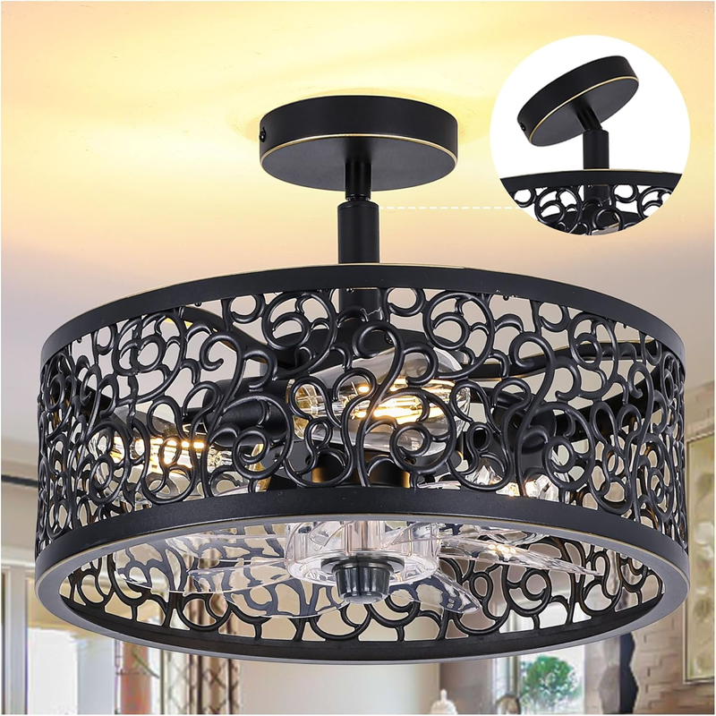 Small Industrial Ceiling Fan with Light and Remote, 15In Black Caged Fandiliers with Lights for Kitchen, Bedroom（4 Speed, Timing）