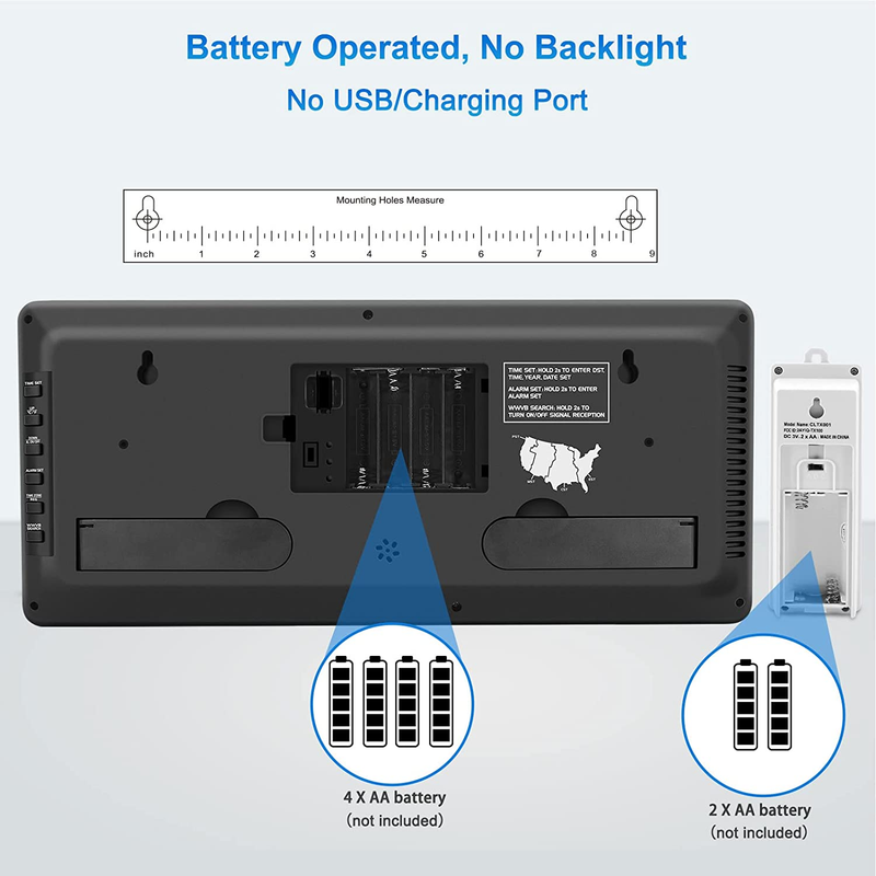 Auto Set Large Digital Wall Clock Battery Operated with Temperature, 14