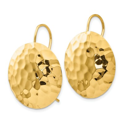 Pre-owned Jewelry Stores Network Polished Hammered Round Disc Kidney Wire Earrings In Real 14k Yellow Gold 25 Mm