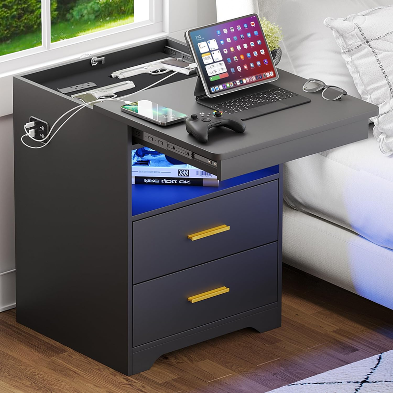 LED Nightstand with Lockable Gun Case,End Table & Charging Station,Bedside Table