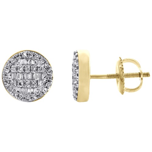 Pre-owned Jfl Diamonds & Timepieces 10k Yellow Gold Round & Baguette Cut Diamond Circle Earrings 8.50mm Stud 1/3 Ct. In White