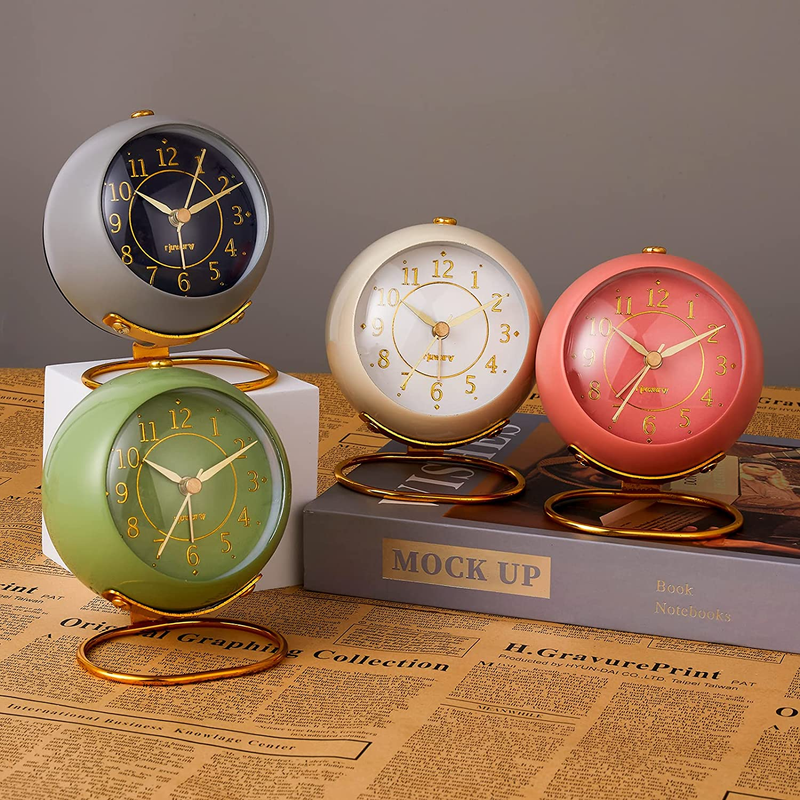 Vintage Analog Alarm Clock Metal Desk Retro Bedroom Table Silent Non-Ticking
