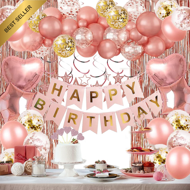 Rose Gold Birthday Decor Banner Balloons Foil Curtains Swirls Cupcake Toppers