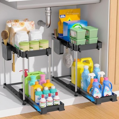 Vihoom Under Sink Storage Kitchen Organiser 2 Pack, 2 Tier Pull Out Cabinet Org