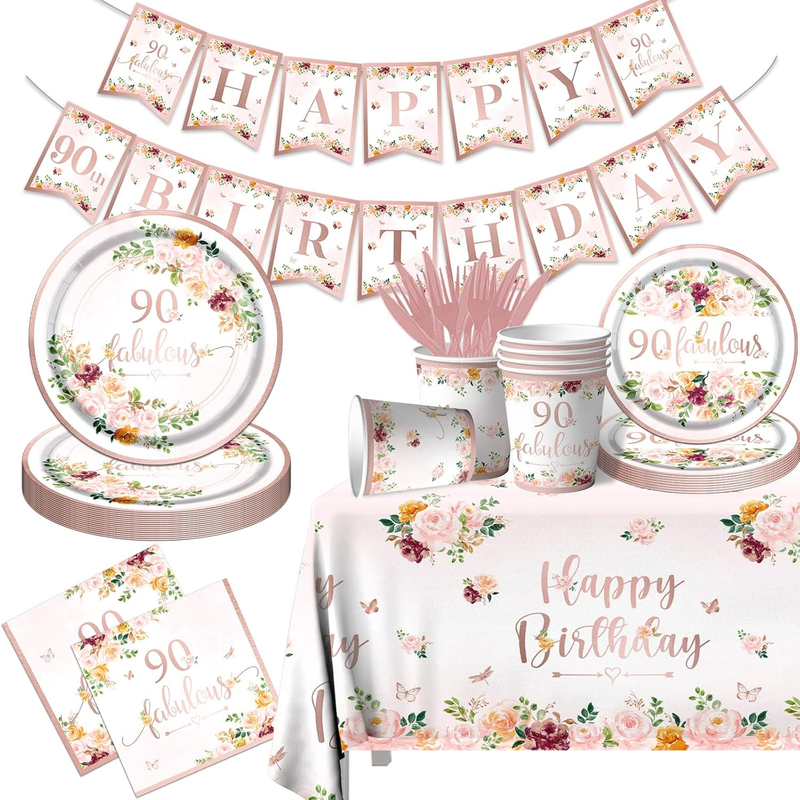 Rose Gold 90Th Birthday Party Decorations - Tableware Set with Plates, Napkins,