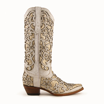 Pre-owned Ferrini Ladies Distressed White Leather Bliss V-toe Cowboy Boots