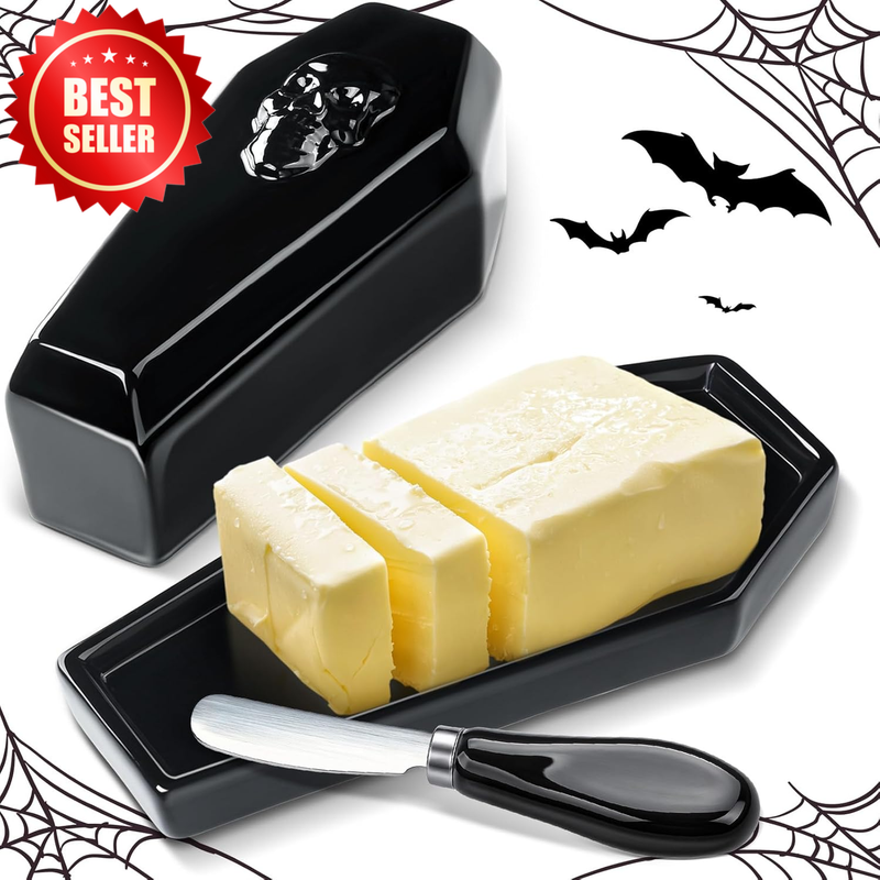 2x Coffin Butter Dish Set Lid Knife Gothic Skull Black Ceramic US
