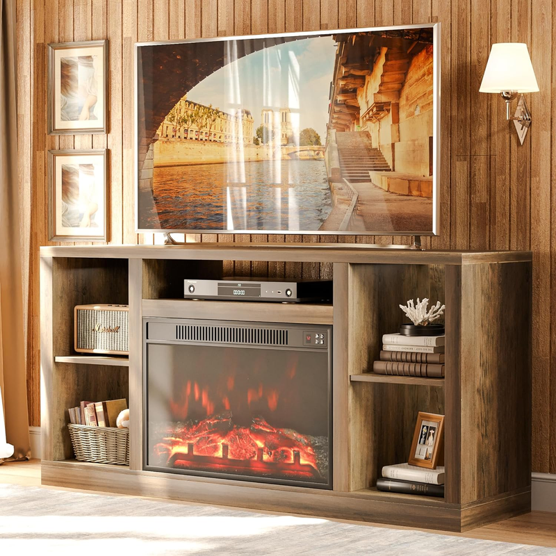 Tv Stand With 26" Electric Fireplace For 65 Inch Tv, Modern Farmhouse