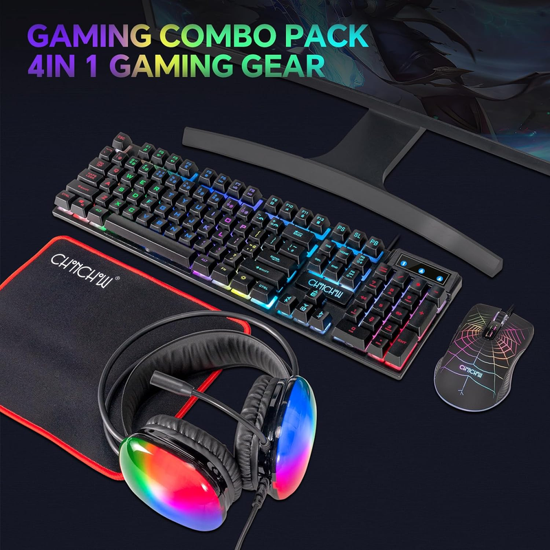 RGB Backlit Gaming Bundle Keyboard, Mouse, Headset with Mic, USB Wired