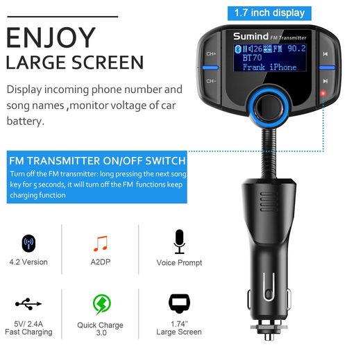 Sumind Wireless Radio Adapter, Car Bluetooth Fm Transmitter, Bluetooth Car 1.7