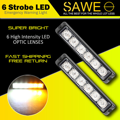 2 x Amber White 6 LED Truck Car ATV Warning Hazard Flash Strobe Light