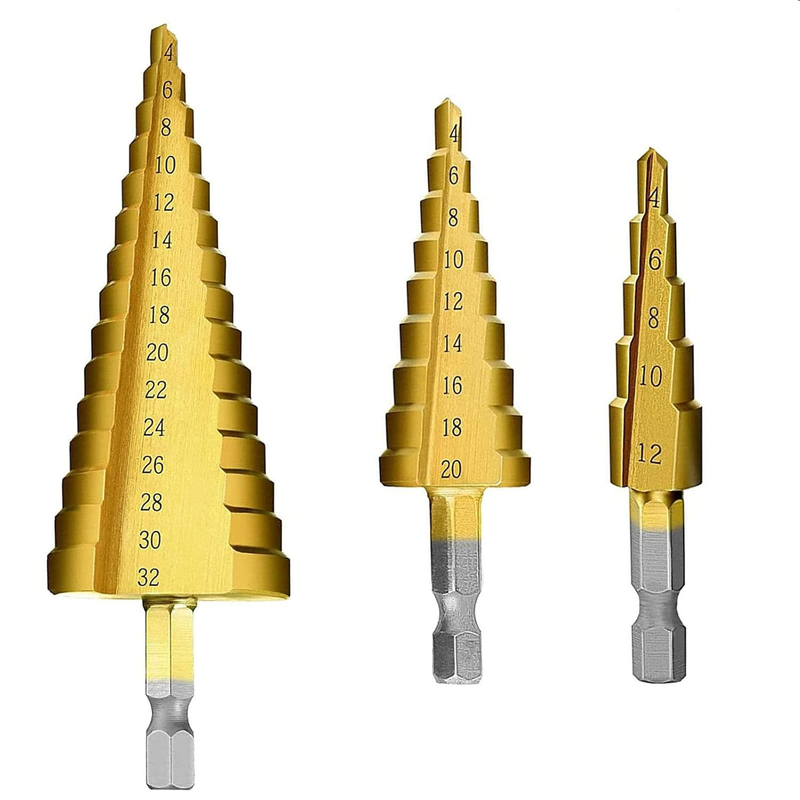 3 Pcs Straight Grooved Step Drill Bit Set, High Step Steel Titanium Drill Bits S