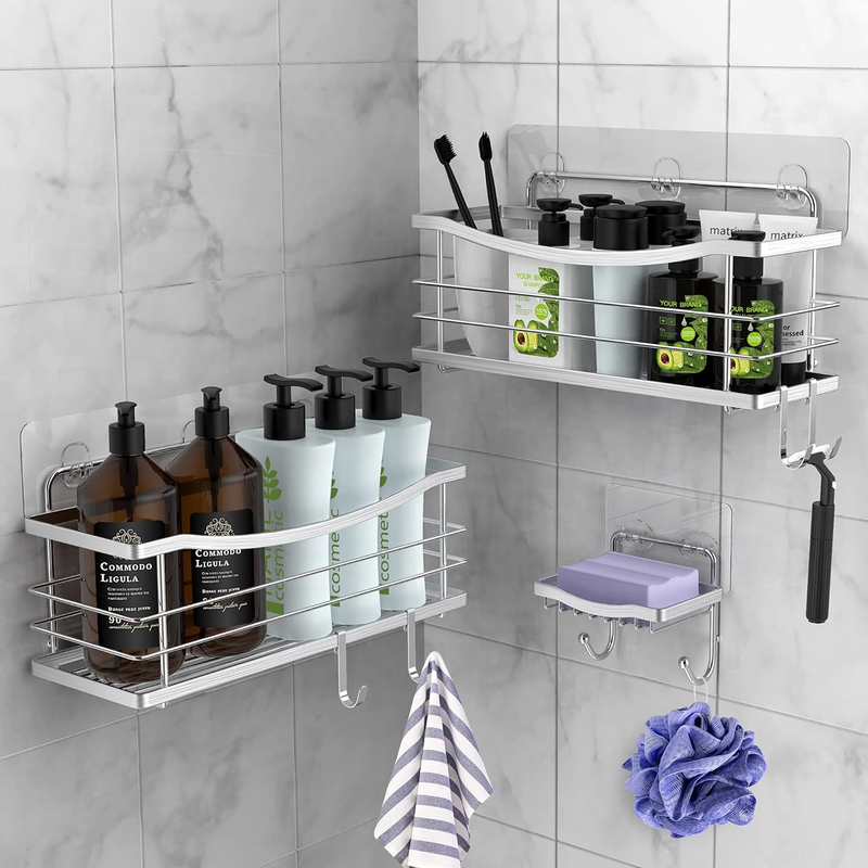 Adhesive Shower Caddy Basket Shelf with Hooks for Shampoo Razor Soap Dish Holder