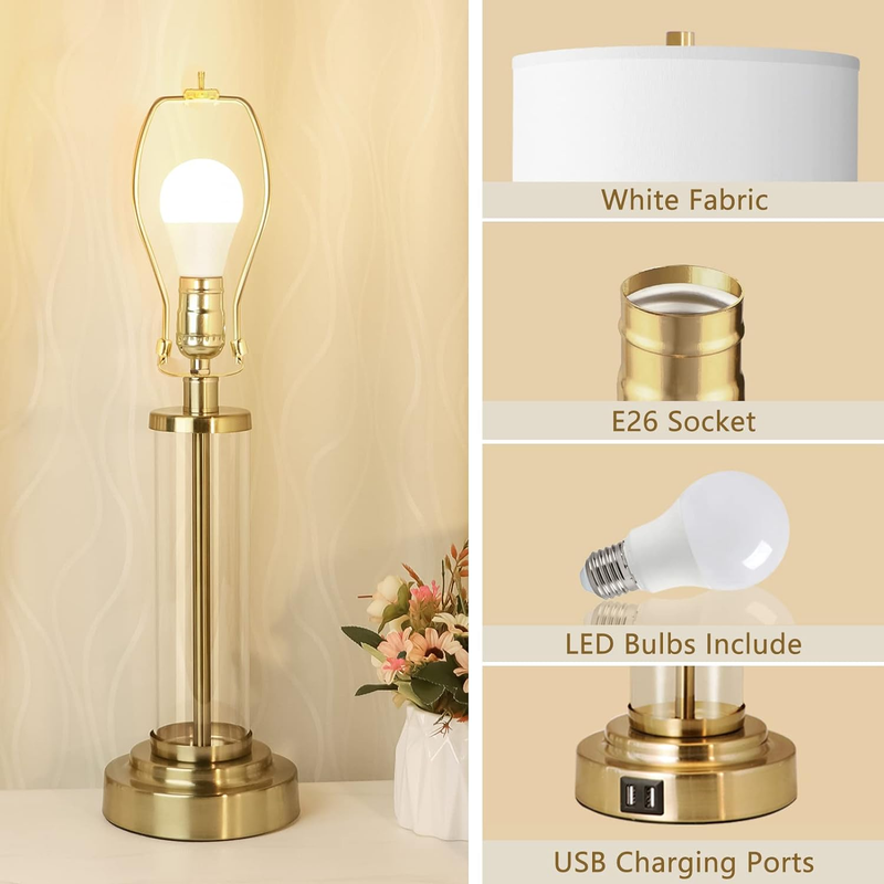 Qimh Lamps for Bedrooms Set of 2, Touch Control Table Lamps with Dual USB Ports,