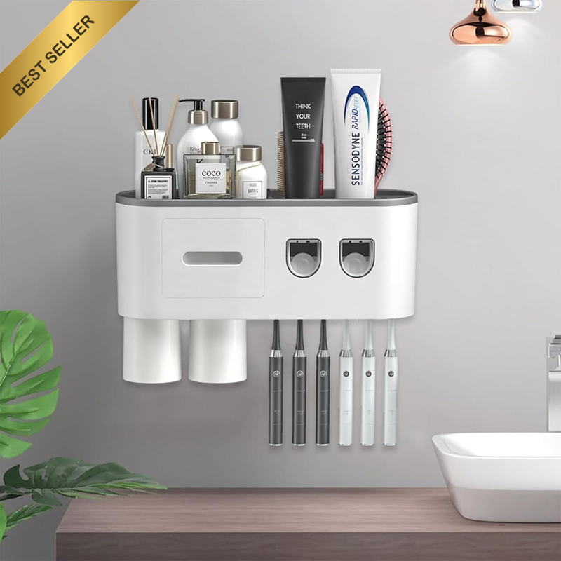 Wall-Mounted Toothbrush Holder: Space-Saving Bathroom Storage Rack with Large Tr