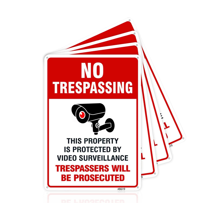 Video Surveillance & No Trespassing Sign Set - 4 Pack, Red & White Aluminum Secu