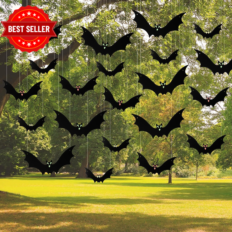 Hanging Bats Halloween Decoration Outside, Halloween Hanging Bats 18 Pieces 3D 3