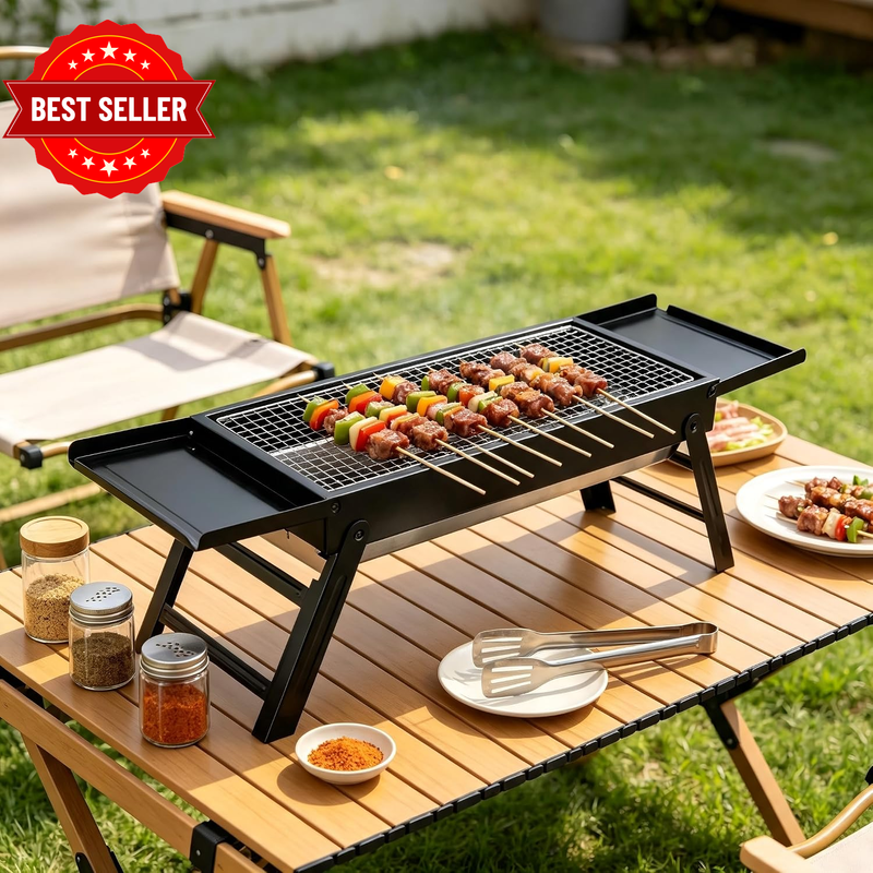 Portable Tabletop Charcoal BBQ Grill for Outdoor Cooking, Compact Folding Design